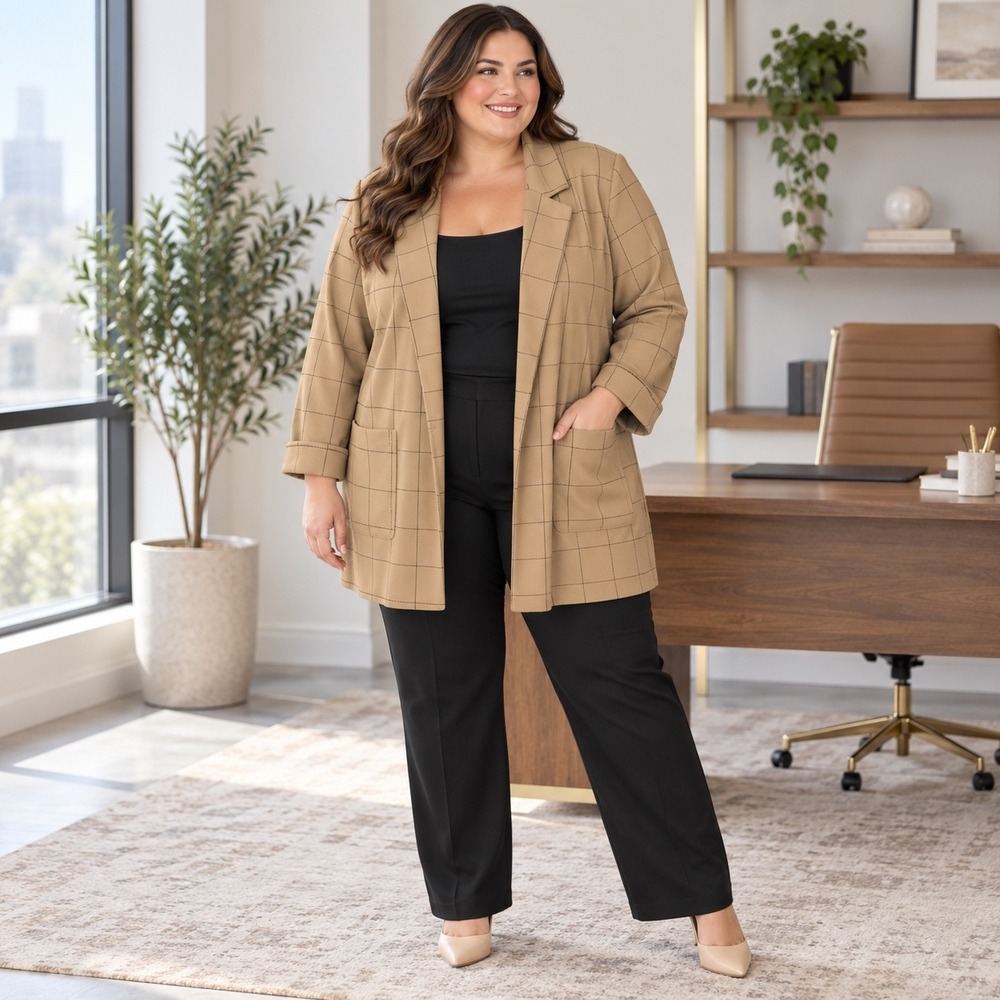 Maurices Womens 3X Taupe Black Windowpane Grid Open Front Blazer NWT